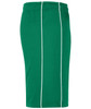 Green sports shorts featuring white side stripes and an elastic waistband, with a logo on the front.