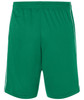 A pair of green sports shorts featuring a simple design and stripes along the sides, with an elastic waistband.