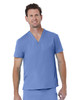 A unisex v-neck top in light blue, featuring a chest pocket and short sleeves, with a logo on the side.