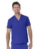 A unisex v-neck top in a vibrant royal blue colour, featuring a chest pocket and a logo.