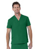 A unisex green V-neck top featuring short sleeves and a single chest pocket, modelled by a man.