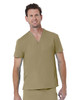 A unisex V-neck top in olive green, featuring short sleeves and a chest pocket, with a branding logo.