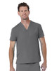 A unisex v-neck top in grey, featuring a patch pocket, modelled by a man. It has a branding logo.