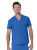 A unisex v-neck top in bright blue, featuring short sleeves and a pocket on the left side.