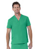 A green unisex V-neck top with a pocket, displayed on a model. It features a logo on the garment.