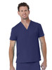 A unisex V-neck top in navy blue, featuring a pocket and short sleeves, worn by a smiling male model.