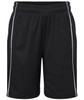 Black sports shorts with white side stripes and an elastic waistband. Features a small logo.