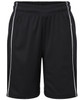 Black sports shorts with white trim and an elastic waistband, featuring a logo on the side.