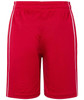 Red sports shorts featuring white side stripes and an elastic waistband. Includes a logo.