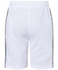White sports shorts featuring black side stripes and an elastic waistband. Includes a logo on the back.