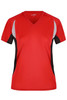A red ladies running T-shirt with black and grey accents. Features a V-neck and short sleeves, and has a logo.