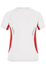 A ladies' running T-shirt in white with red accents and a logo, featuring a sporty design and short sleeves.