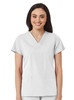 A women's v-neck top in light grey with short sleeves and two front pockets. Features a branding logo.