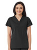 A women's v-neck top in black, featuring short sleeves and two front pockets. It includes a logo on the fabric.