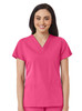 A women's v-neck top in bright pink with short sleeves and two front pockets, featuring a logo.