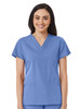 A women's V-neck top in a light blue colour, featuring short sleeves and two front pockets. It has a brand logo.