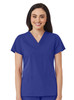A women's V-neck top in a vibrant blue colour with short sleeves and two front pockets, featuring a logo.