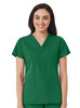 A women's V-neck top in a vibrant green colour, featuring short sleeves and two front pockets.
