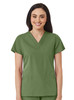 A green women's V-neck top featuring short sleeves and two front pockets. The model smiles while wearing the top.