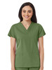 A women's v-neck top in green, featuring short sleeves and two front pockets, with branding visible.