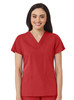 A red women's V-neck top with short sleeves and two front pockets. The model features a smiling expression.