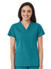 A women's V-neck top in teal, featuring short sleeves and two front pockets, with a logo on the fabric.