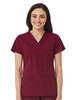 A burgundy women's v-neck top with short sleeves and two front pockets, featuring a logo.