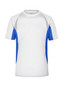 A men's short-sleeved running T-shirt in white with blue and grey accents. It features a logo on the chest.