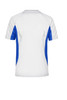A men's running T-shirt featuring a white body with blue side panels and a logo on the back.