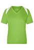 A vibrant green T-shirt with white accents, featuring a V-neck design and short sleeves, with a logo present.