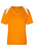 A vibrant orange T-shirt with white shoulder accents and a V-neck design. It features a logo on the front.