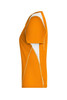 An orange ladies' T-shirt featuring white accents and a logo, showcasing a fitted design.