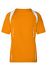 An orange ladies' running t-shirt with white detailing on the shoulders and back. Features a logo at the front.