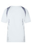 A white ladies' running T-shirt with grey accents on the shoulders and side panels. It features a logo.