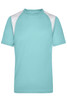 A light blue men's running T-shirt with white accents on the shoulders and a logo on the front.