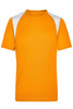 A short-sleeved orange T-shirt with white shoulder accents and a logo on the upper chest.