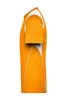 An orange men’s T-shirt with white detailing and a logo on the side, shown from the side view.