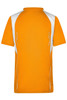 An orange T-shirt with white accents and a logo on the back, designed for men's running activities.
