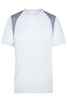 A light grey t-shirt with darker grey accents on the shoulders, featuring a logo. Suitable for running or casual wear.