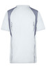A grey and white men's running T-shirt with a logo, featuring a sporty design on the back.