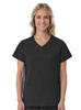 A women's mock wrap top in black with a V-neck and two front pockets. The top features a logo on it.