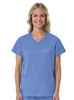 A women's mock wrap top in light blue, featuring short sleeves and two front pockets, with a logo.