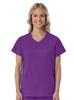A women's mock wrap top in vibrant purple, featuring short sleeves and two front pockets.