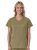 A women's mock wrap top in olive green featuring short sleeves and front pockets, with a logo on the garment.