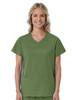 A women's mock wrap top in green with short sleeves and two front pockets. The design features a logo.