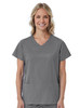 A women's mock wrap top in grey featuring short sleeves and two front pockets, with a branding logo.