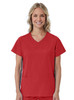 A red women's mock wrap top with short sleeves and two front pockets, featuring a logo.