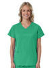 A green women's mock wrap top featuring short sleeves and two front pockets. It has a logo on the chest area.