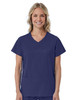A women's mock wrap top in navy blue, featuring a V-neck and short sleeves, with two front pockets.