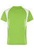 A green T-shirt with white accents, featuring a logo on the back.